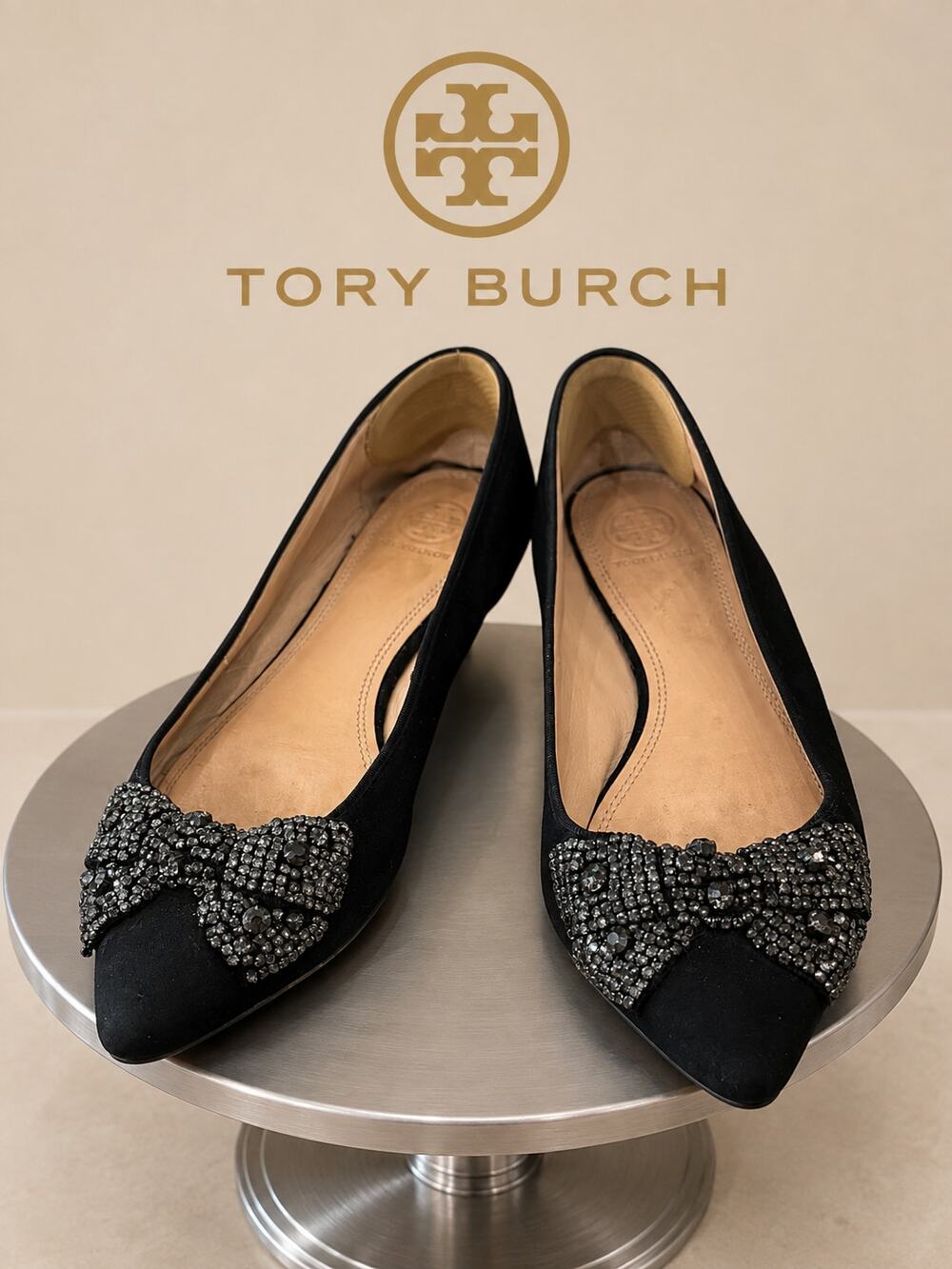 Tory Burch Vanessa Black Crystal Bow Pointed Toe Flats Women’s 9M